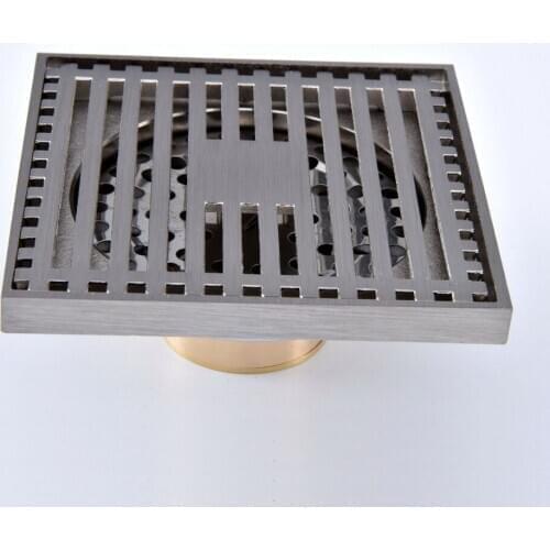 Brushed Nickel Brass Carved Flower Pattern Bathroom Shower Drain 4" Square Floor Drain Waste Grates ahr069