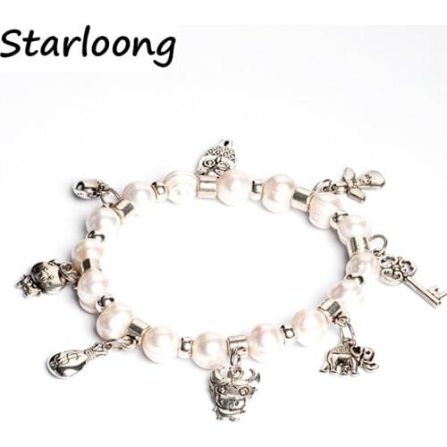 Fashion Round Natural freshwater pearls beads bracelet animals owl key bear elephant alloy charms spacers strand bracelets