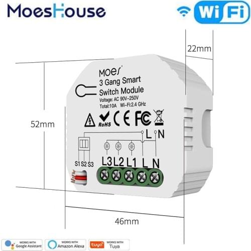 Tuya/Smart Life App WiFi Smart Light Switch Module 3 Gang 1/2 Way Smart Home Mini DIY Switch Module Work With Alexa Google Home