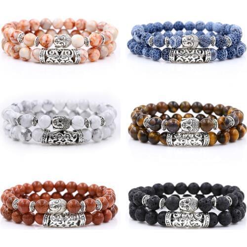 Men Woman Howlite,Lava,Tiger Eye Stone Bead Bracelet Sets 2Pcs/Sets 8mm Prayer Beads Buddha Bracelet Sets Pulseras Masculina