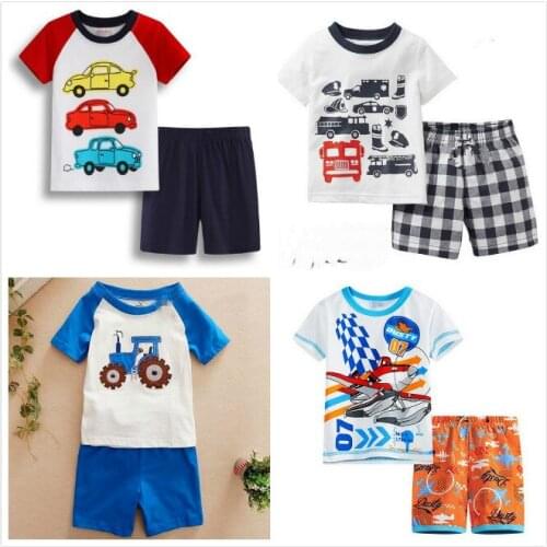 Summer Children Pajamas Short Sleeve+Shorts Sets Kid Pyjamas Boy Girl Pijamas Cartoon car excavator aircraft Baby Sleepwear Suit