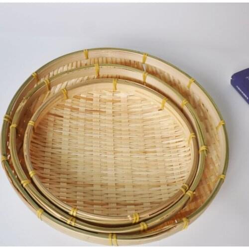 Handmade Weave Bamboo Sieve Round Dustpan DIY Decorative Fruit Bread Basket Kitchen Storage Tray Household Organizer