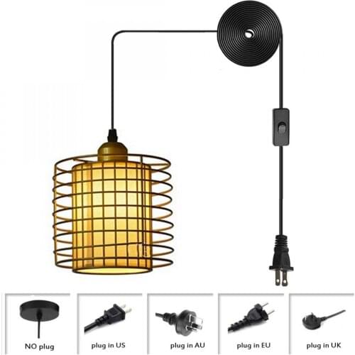 Industrial Metal Wire Cage Pendant Light Plug In Vintage Edison Swag Hanging Light with On/off Switch Pendant Lighting (Gold)
