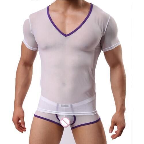 Sexy Men Mesh V-neck Short Sleeve T-shirt Boxer Shorts Slim Fitness Undershirts See Through Gay Erotic Fetish Sex Underwear Suit