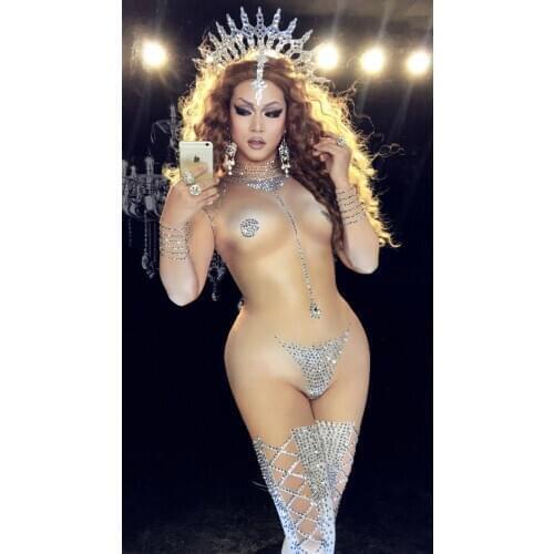 Sexy costumes Girls Chinese Folk Dance NightclubTeddie Women Dance Jumpsuit Night club Sparkly Body suit LED Tron Dance Wear