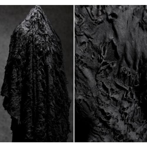 Black open smile tattered stretch knitted fabric, creatively recreated texture, handmade DIY clothing fabric