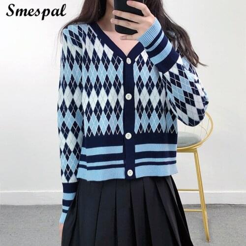 Cropped Sweater Coats Women Autumn Fashion Plaid Knitted Cardigan