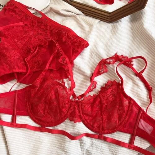 Ultra-thin no sponge bralette soft steel ring plus size women underwear bra set lace straps ruffles lingerie panties suit