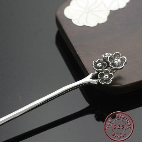 Amxiu Vintage Antique Silver Hair Sticks 925 Sterling Silver Handmade Jewelry Plum Blossom Hairpins Women Long Hair Accessories
