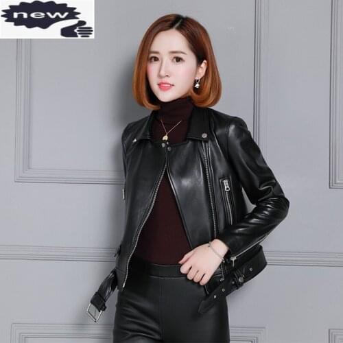 Genuine Women Fashion New Turn-down Collar Casual Moto Short Slim Coat Office Lady Zip Sheepskin Leather Jacket
