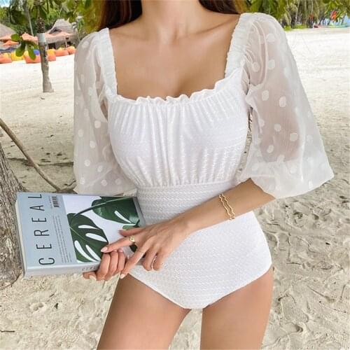 Chiffon Short Sleeve One Piece Swimsuit Women Solid Swimwear Pleated Monokini Push Up Swim Suit White Trikini Pad Bathing Suit