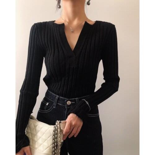 Women Sweaters Spring Cut Deep V Slim Silk Wool Cashmere Knit Top
