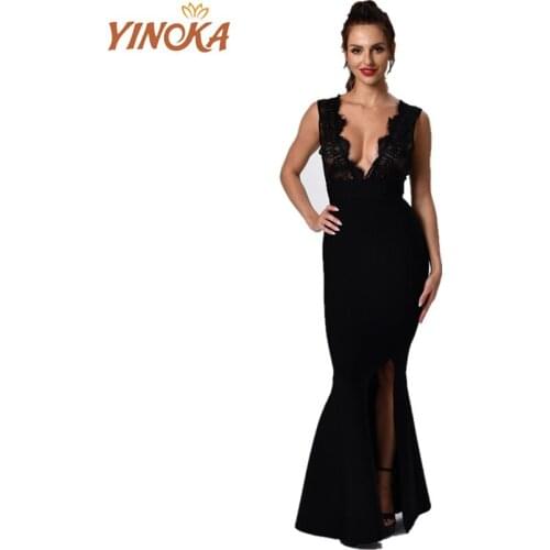 Yinoka elegant bandage dress long lace sexy summer bodycon dresses evening gown maxi black white celebrity midi dinner night