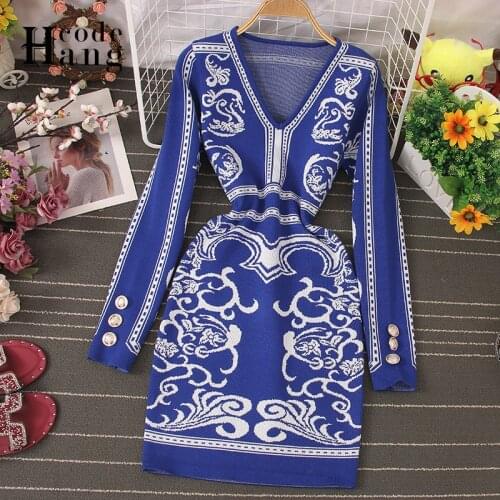 HangCode Dresses for Women Office Bodycon 2020 Fashion Geometry Knitted Sweater Dress Long Sleeve Autumn Winter Women Dress