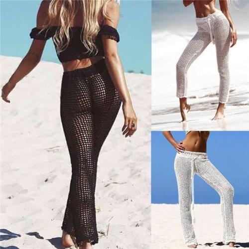 4 colors Women Sexy Hollow Out Crochet Beach Cover Up Fishnet Sarong Bikini Handmade Smock Beach trousers Full Length Pants
