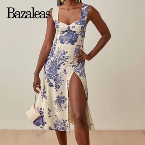 Bazaleas Vintage Tube Top Women Midi Dress Chic Navy Floral Print Split Retro Dresses Sexy Chiffon Vestidos