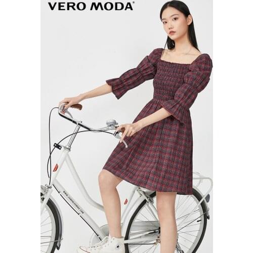 Vero Moda Women Vintage High Waist Plaid Square Neck Mid Long Puff Sleeves Dress | 32027C554