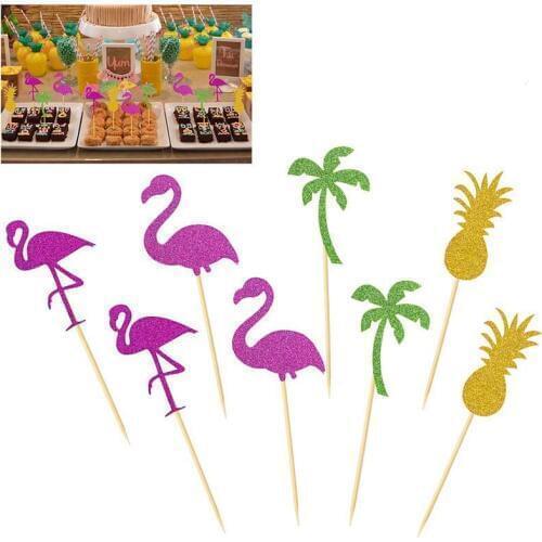 12pcs Hawaii Cake Toppers Flamingo Pineapple Coconut Tree Cake Picks for Luau Beach Party