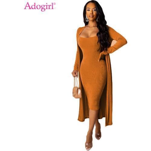 Adogirl Women Fashion Sexy Velvet Two Piece Set Spaghetti Straps Bodycon Midi Club Party Dress Full Sleeve Extra Long Cardigan