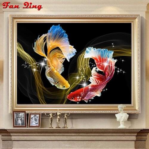 Diy Diamond Painting A Golden Fish And A Red Fish Pictures Cross Stitch Full Round / Square Mosaic 5D Rhinestone Embroidery Gift