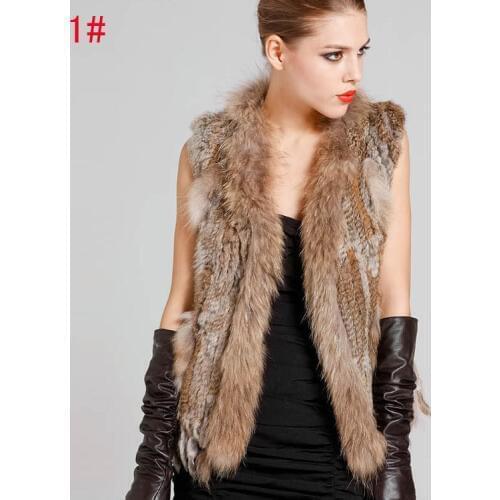 Free shipping new real/natural Knitted rabbit fur vest with genuine raccoon fur collar mixed order womens vest