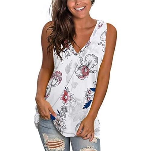 Sleeveless White Shirts For Female Plus Size Summer Clothes Womens Casual V-neck Off Shoulder Loose Floral Printed Shirt Top