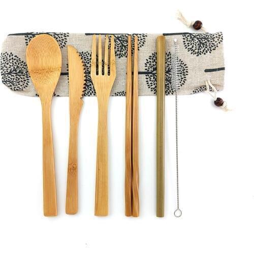 Zero Waste 6Pcs/Set Bamboo Utensils Portable Cutlery Set Reusable Eco-friendly Fork Knife Spoon Cutlery Set For Tableware