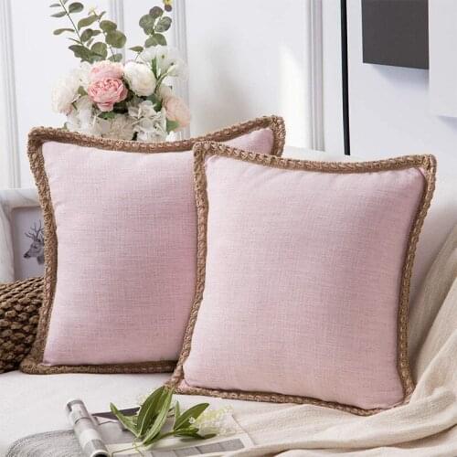 Brown Hemp Rope Edging Pink Cushion Cover Cotton Lotus Leaf Pillowcase Living Room Sofa Decoration Frame Cushion Cover