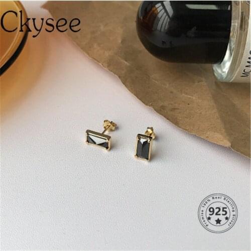 Ckysee Korean 925 Sterling Silver Square Black Zircon Earring Simple Temperament Version Earrings For Women Fashion Jewelry