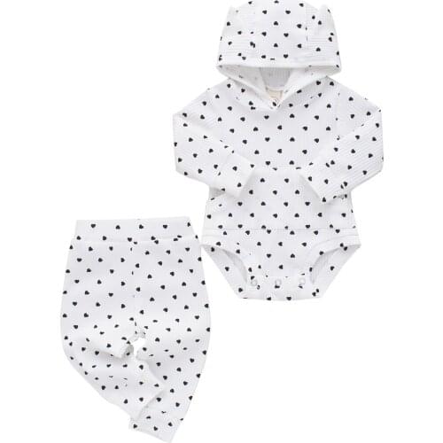 Two Piece Infant Baby’s Girls Clothes Fashion Heart Print Long Sleeve Hooded Romper and Long Pants