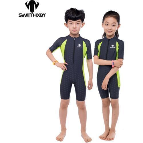 HXBY Short Sleeve Kneeskin Front Zip Swimsuit For Girls Child Swimwear Boys Kids Swimsuit One Piece Bathing Suit Swimming Suit