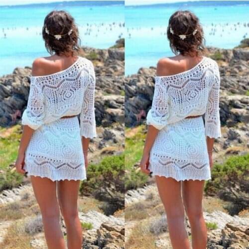 DHL 50set White Knit Cover Up Women Summer Sexy Lace Crochet Bikini Beach Dress Tops + Brown Belt 4 Size Female Sexy Dress