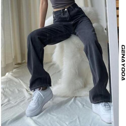 Genayooa Solid Jeans Wide Leg Mujer Streetwear Hip Pop Boyfriend Jeans For Women High Waist Loose Demin Trousers Female Korean