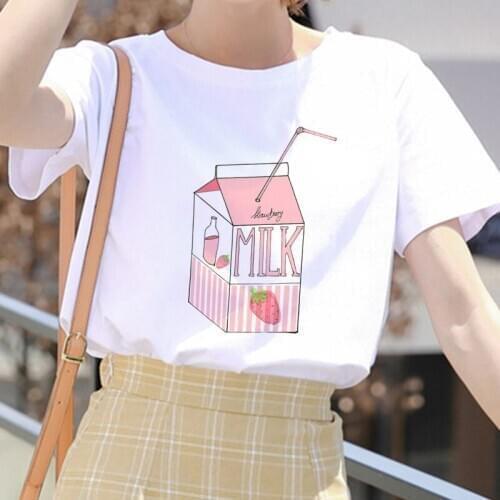 FIXSYS Cartoon Peach Juice Japanses Aesthetic T shirt Women Harajuku Cute Kawaii Summer Casual Outfit Fashion Tops