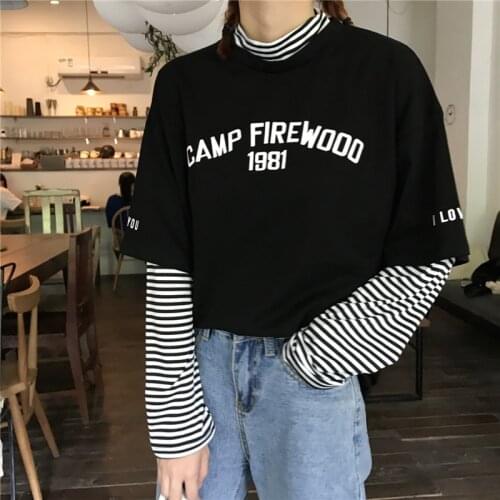 Patchwork tshirt Aesthetic Streetwear Korean Clothes Women Striped Printed Letter Long Sleeve Fall Shirts 2021