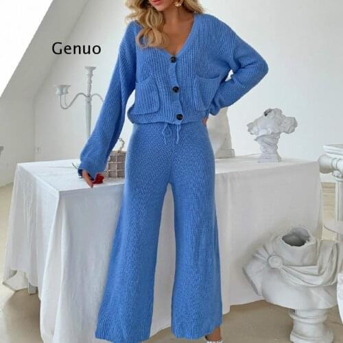 Pocket Knitted Sweater Two Piece Set Women Long Sleeve and Pant Suit Female Casual Autumn Outfits 2 Piece Set Loungwear