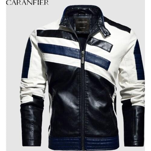 CARANFIER Men Leather Jackets Male Striped Patchwork Moto Biker Coat Mens Retro PU Bomber Irregular Street-wear Chaquetas Hombre