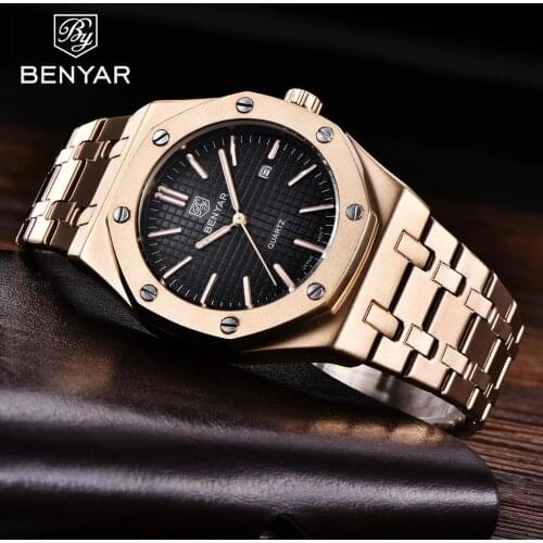 BENYAR Quartz Watches Mens Top Brand Military Design Luxury Mens Watch Automatic Date Stainless Steel Waterproof Wristwatches