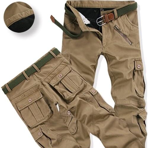 Mens Winter Warm Fleece Cargo Pants Joggers Pants Many Pocket Baggy Work Military Overalls Male Long Trousers Plus Size 40