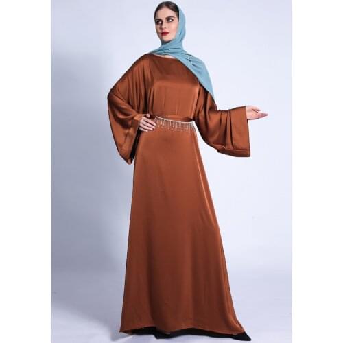 Plain Abaya with Diamonds Fringe Belt Women Muslim Fashion Dubai Turkey Saudi Islamic Arab Hijab Dress Loose Robe Modest Kaftan