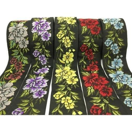 ZERZEEMOOY 2" 5cm 10yard/lot hot High quality Woven Jacquard Ribbon black background red blue yellow purple rose flowers belt