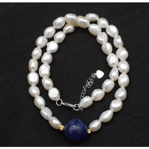 Freshwater pearl white baroque and lapis round 16mm necklace 17inch FPPJ wholesale beads nature