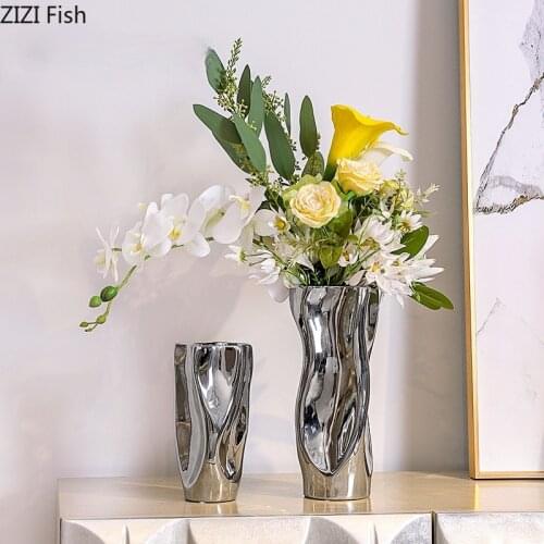 Modern Abstract Curved Vase Flower Arrangement Dried Flower Table Decoration Electroplating Ceramic Silver Vase Home Decoration