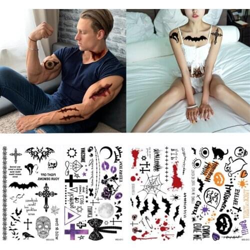 Halloween Party Bat Skull Tattoo Sticker For Women Men Children Fake Tatoo Waterproof Temporary Tattoo Arm Neck ankle Clavicle