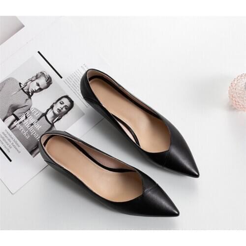 Pumps Womens Shoes Geniune Leather Pointed Toe Middle Heels Chunky & Thin Comfortable Shallow Mouth For Lady