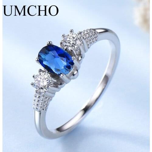 UMCHO Solid 925 Sterling Silver Jewelry Created Blue Sapphire Rings Elegant Engagement Rings For Women Wedding Gift Fine Jewelry