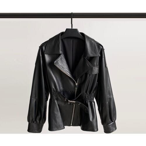 2021 Sheepskin Coat for Women Short Leather Womens Sheepskin Suit Jacket Waist Motorcycle Lantern Sleeve Womens Leather Jacket