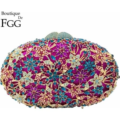 Boutique De FGG Luxury Purple Diamond Flower Women Crystal Evening Bags Wedding Party Mianudiere Clutch Handbags and Purses