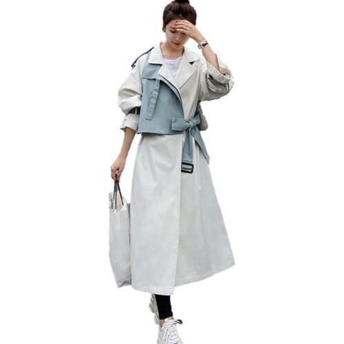 Womens Windbreaker Belt Epaulettes 2021 Korean Loose Long Single-Breasted Beige Blue Stitching Fashion Trench Coat Female Spring