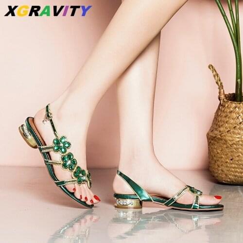XGRAVITY Hot New High Quality Plus Size 34-41 Women Flat Summer Shoes Sexy Crystal Designer Short Heel Dress Sandals Women Shoes